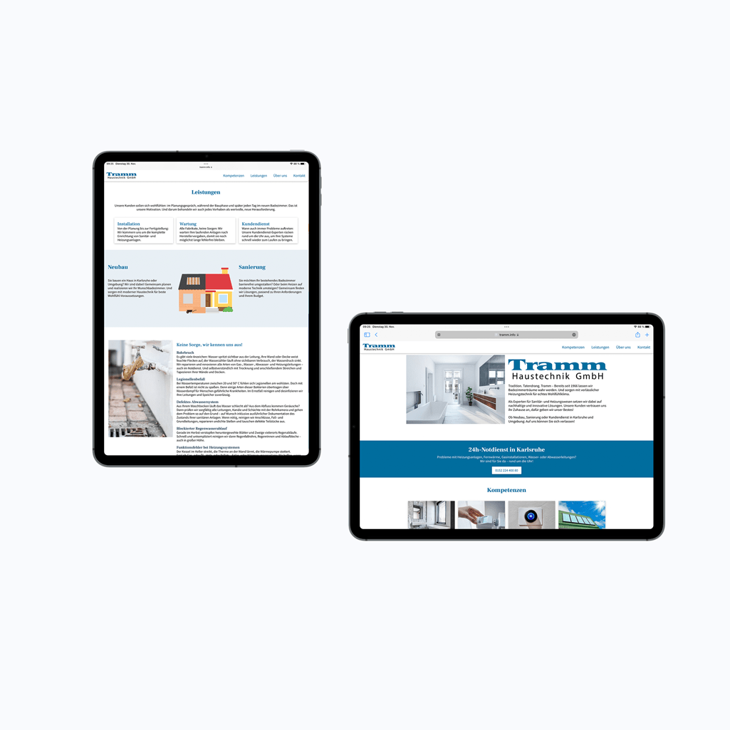 iPhone mit Mockup der Website von Tramm Haustechnik
