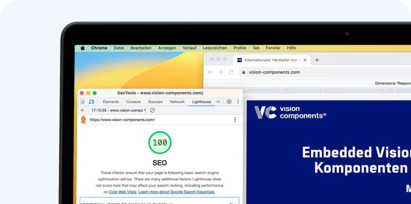 Tablet, auf dem die Website von Vision Components mit einem SEO-Tool geprüft wird.